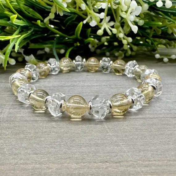Joy And Warmth Bracelet | Genuine Citrine And Faceted Clear Quartz  Natural Crystal Gemstone 8 Mm Bead Stretch Bracelet