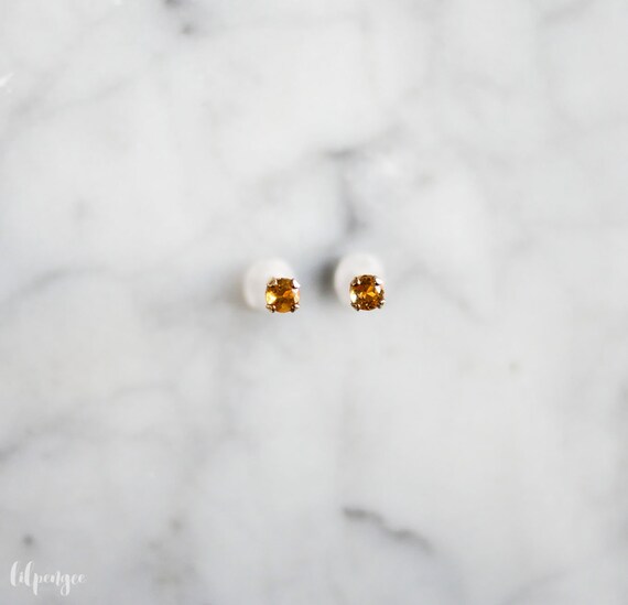 3mm Citrine Studs.  Golden Citrine Gemstone Earrings. Tiny Yellow Gem Stud. Gold Or Silver
