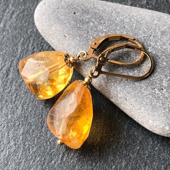 Citrine Earrings Gold Filled Golden Yellow Natural Gemstone Simple Classic Dangle Drops November Birthstone Crystal Gift For Her Women 7116