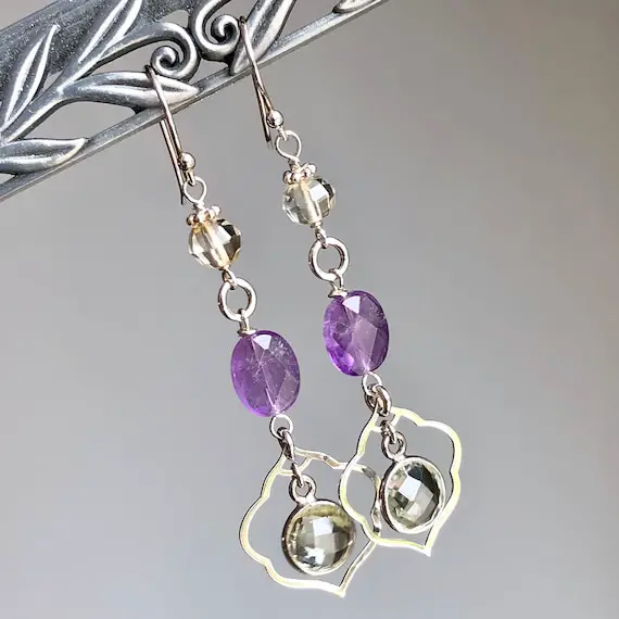 Green Purple Amethyst Citrine Earrings Sterling Silver Wire Wrapped Natural Gemstones Bohemian Statement Long Dangle Drops Gift 7114