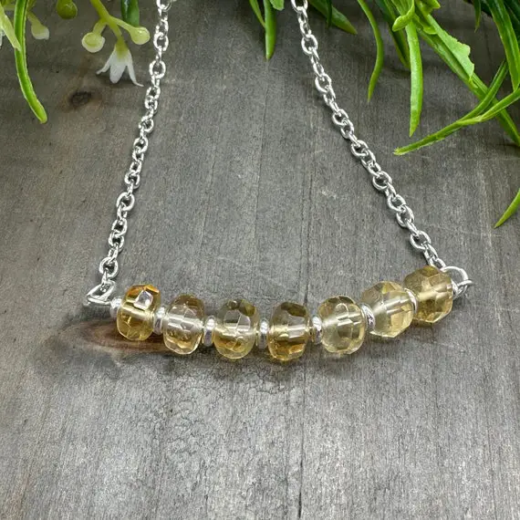 Genuine Citrine Gemstone Faceted 5x8 Mm Rondelle Bead Bar Silver Plated Chain 18 Inch Necklace | November Birthstone Necklace