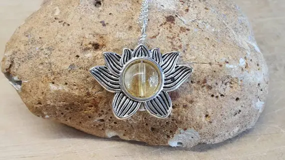 Citrine Lotus Flower Necklace. Crystal Reiki Jewelry Uk. November Birthstone. Silver Plated Pendant. 10mm Stone. Boho Hippie Jewellery