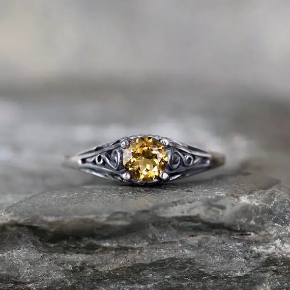 Citrine Ring - November Birthstone Ring - Antique Style Citrine Ring - Dark Sterling Silver - Citrine Gemstone Rings - Filigree Ring