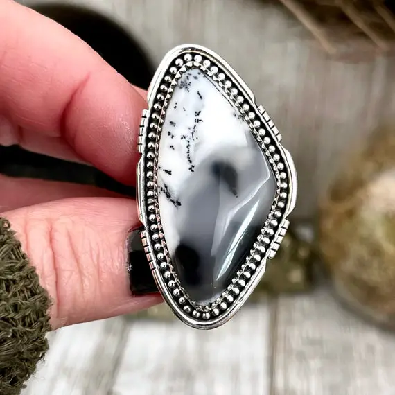 Big Dendritic Agate Crystal Statement Ring In Sterling Silver - Designed By Foxlark Collection Adjustable To Size 6 7 8 9 | White Stone
