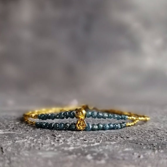 Raw Blue Diamond And 24k Gold Vermeil Beads Bracelet Rare Uncut Precious Diamond Jewelry Rustic Bracelet April Birthstone