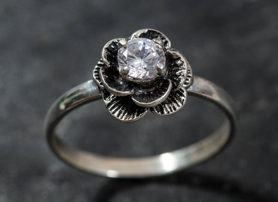 Flower Ring, Diamond Ring, Created Diamond Ring, Silver Flower Ring, Vintage Flower Ring, White Diamond Ring, Floral Ring, 925 Silver Ring
