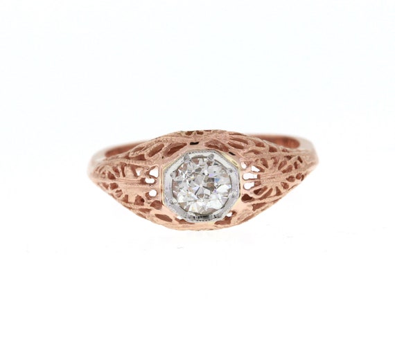 Rose Gold Diamond Engagement Ring, Vintage Rose Gold .53crt Gia Diamond, Red Gold Filigree Wedding Set