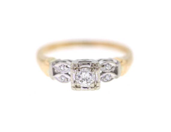 Vintage Diamond Engagement Ring, Mid Century Two Tone Diamond Wedding Ring