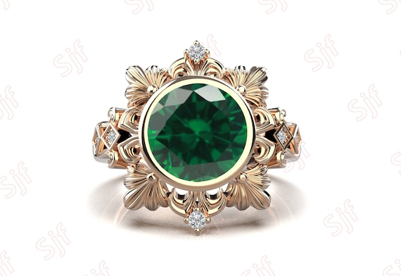 Green Round Chrome Diopside  Gemstone 14k Rose Gold Plated 925 Silver Engagement Wedding Ring 14k Gold Diopside Anniversary Ring For Her
