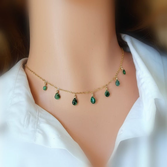 Genuine Zambian Emerald Choker Necklace Gold Rose Gold Silver Necklace Emerald Drops Necklace Dainty Layering  Necklace May Birthstone