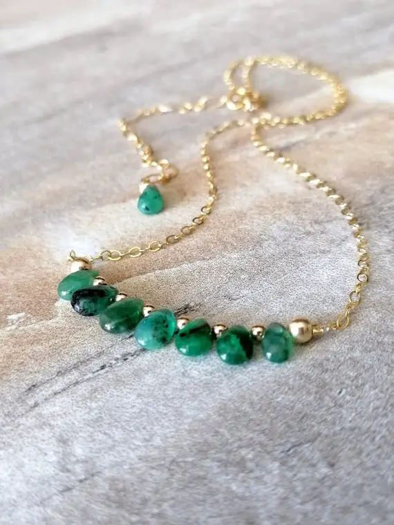Genuine Zambian Emerald Necklace Gold Gold Necklace Emerald Drops Necklace Dainty Layering  Necklace May Birthstone