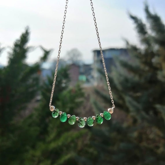 Genuine Zambian Emerald Necklace Silver Necklace Emerald Drops Necklace Dainty Layering  Necklace May Birthstone