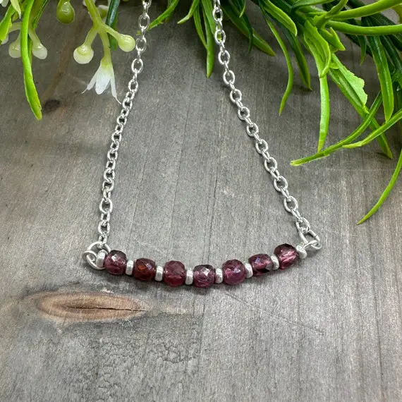 Genuine Rhodolite Garnet Gemstone Faceted Cube Bead Bar Silver Plated Chain 18 Inch Necklace | January Birthstone Necklace