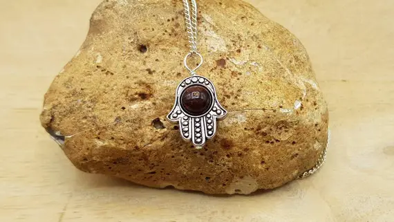 Garnet Hamsa Pendant Necklace. Dark Red Crystal Reiki Jewelry Uk. January Birthstone. Luck Protection Symbol. Empowered Crystals