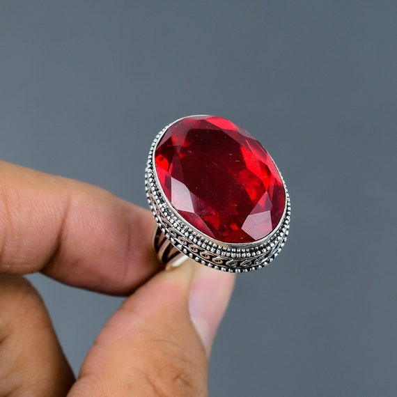 Handmade Mozambique Garnet Ring: Vintage 925 Sterling Silver Statement Jewelry