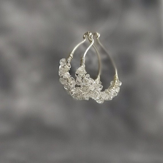 Herkimer Diamond Hoop Earrings Creole Wire Wrap Minimalist Dainty Wedding Jewelry Sterling Silver Earrings April Birthstone Gifts For Her