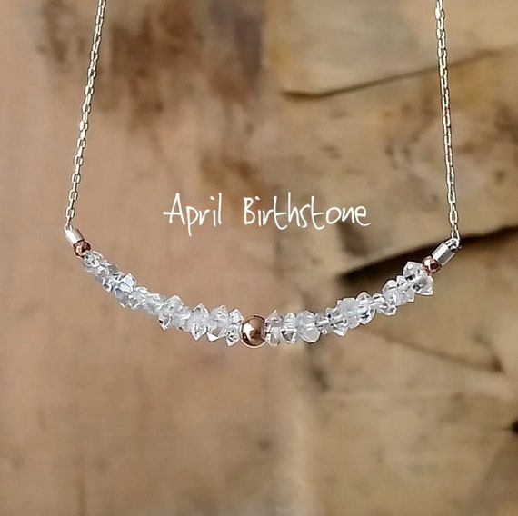 Herkimer Diamond Necklace, April Birthstone, Sterling Silver And Rose Gold, Delicate, Bar Necklace, Quartz Necklace, Gifts For Her