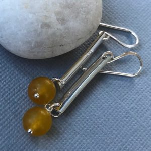 Shop Jade Earrings! Sterling Earrings with Matte Yellow Jade/ Yellow Earrings/ Contemporary Silver Earrings/ Jade Earrings/ Gemstone Earrings/ BAR Earrings | Natural genuine Jade earrings. Buy crystal jewelry, handmade handcrafted artisan jewelry for women.  Unique handmade gift ideas. #jewelry #beadedearrings #beadedjewelry #gift #shopping #handmadejewelry #fashion #style #product #earrings #affiliate #ad