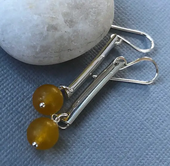 Sterling Earrings With Matte Yellow Jade/ Yellow Earrings/ Contemporary Silver Earrings/ Jade Earrings/ Gemstone Earrings/ Bar Earrings