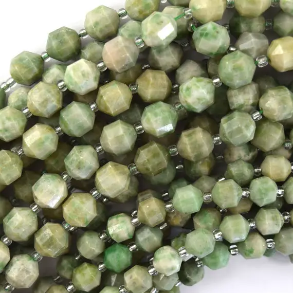 Natural Green Mountain Jade Prism Double Point Cut Faceted Beads 15.5" 8mm 10mm