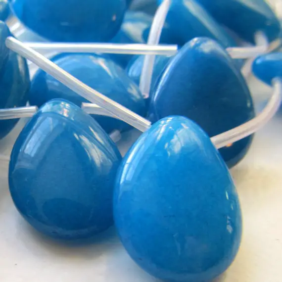 Jade Beads 25 X 18mm Smooth Peacock Blue Candy Teardrops - 2 Pieces