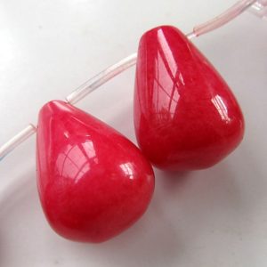 Shop Jade Bead Shapes! Jade Beads 25 X 18mm Deep Carmine Pink Full Smooth Briolettes – 2 Pieces | Natural genuine other-shape Jade beads for beading and jewelry making.  #jewelry #beads #beadedjewelry #diyjewelry #jewelrymaking #beadstore #beading #affiliate #ad