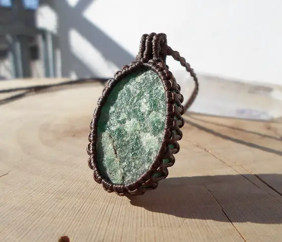 Raw Green Jade Pendant, Macrame Stone Necklace, Genuine Jade Necklace, Rough Untreated Jade, Rustic Hippie Jewelry