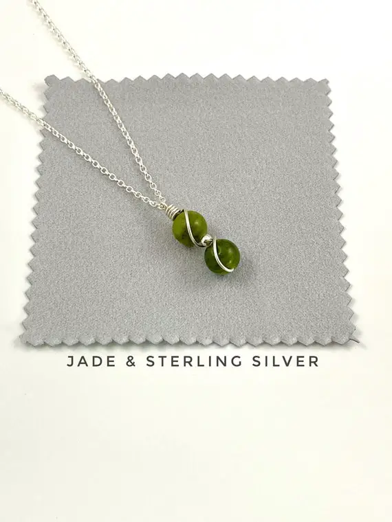 Small Green Jade Pendant Necklace, Sterling Silver.