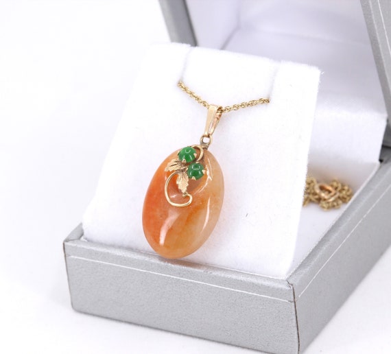 Vintage Red Jade Pendant, 14k Yellow Gold Red & Green Jade Necklace