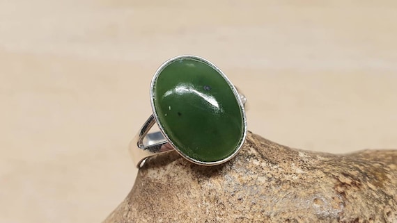 Simple Oval Nephrite Jade Ring. 925 Sterling Silver. Green Reiki Jewelry. 12th Anniversary Gemstone. Women's Adjustable Ring. 10x14mm Stone