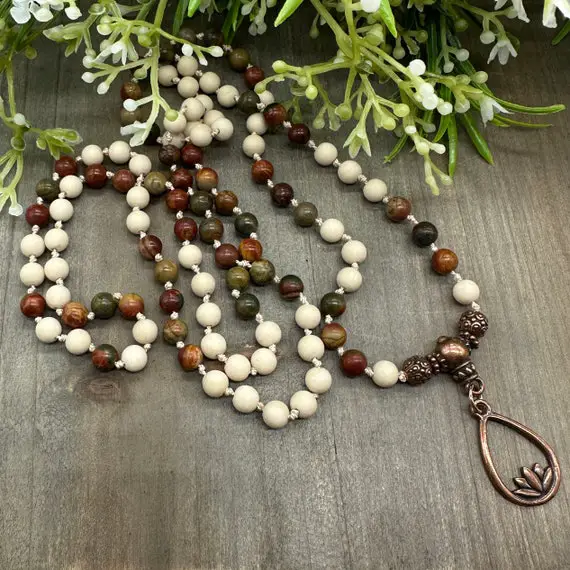Picasso Jasper And River Stone Hand Knotted 108 Stone Mala Meditation Necklace | 38 Inches | Silk Cord | 6 Mm Genuine Stones