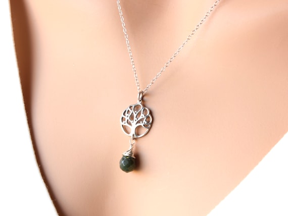 Fancy Jasper Sterling Silver Tree Of Life Necklace Natural Green Gemstone Modern Boho Statement Drop Pendant Birthday Gift For Her 3818
