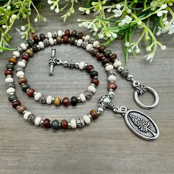The Positivity Necklace | Picasso Jasper, River Stone Rondelle Bead Tree Pendant, 19 Inch Toggle Clasp Necklace