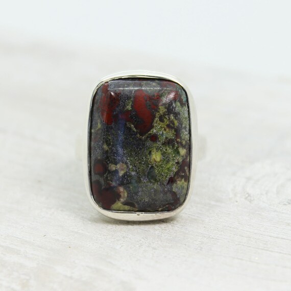 Nice... Dragon Blood  Jasper Stone Ring Set On Sterling Silver 925 Rectangular Shape Stone Unique Pattern And Nice Colours