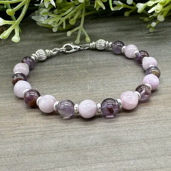 Genuine Auralite 23 Cacoxenite And Kunzite Round Bead Bracelet With Lobster Claw Clasp | Size 7