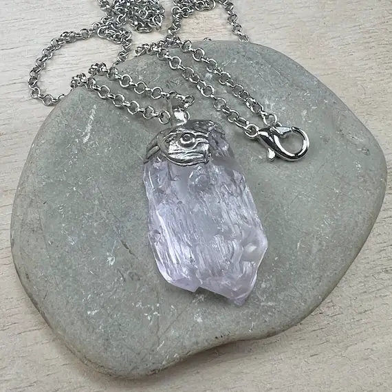 Pink Kunzite Raw Necklace With Stainless Steel, Pendant, Palladium Plated, Talisman, Amulet, Lavender Color, Natural Kunzite Crystal