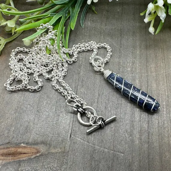 Dark Blue Kyanite Wire Wrapped Stone Pendant | Boho Chic Genuine Kyanite Stone 22 Inch Necklace With Toggle Clasp