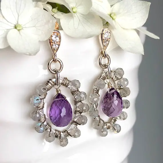Amethyst Labradorite Earrings Sterling Silver Wire Wrapped Natural Purple Green Gemstones Bohemian Statement Stud Dangle Drops Gift 7130