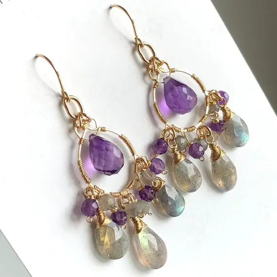 Labradorite Amethyst Necklace Gold Filled Wire Wrapped Green Purple Natural Gemstone Bohemian Statement Chandeliers Long Dangles Gift 7147