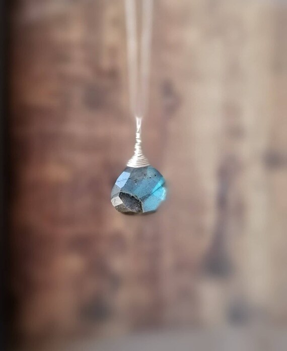 Labradorite Necklace, Dainty Necklace, Silver Necklace, Wire Wrap Heart Drop Labradorite Necklace Gemstone Necklace