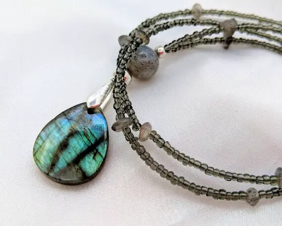 Ultra Long Blue/green Labradorite & Silver Necklace. Top Color Labradorite Pendant. Gray With Blue Flash Jewelry. Teardrop Pendant