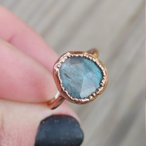 Shop Labradorite Rings! Natural Labradorite Copper Ring/ Faceted Labradorite/ Light Blue Green Labradorite Stone Ring/ Unique Uneven Copper/ Round Stone/ Size 6.25 | Natural genuine Labradorite rings, simple unique handcrafted gemstone rings. #rings #jewelry #shopping #gift #handmade #fashion #style #affiliate #ad