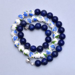 Shop Lapis Lazuli Necklaces! Lapis Lazuli With Ceramic Beaded Necklace, Porcelain White / lapis Blue Necklace, 10mm Smooth Round Beads, Gemstone Silver Necklace For Women | Natural genuine Lapis Lazuli necklaces. Buy crystal jewelry, handmade handcrafted artisan jewelry for women.  Unique handmade gift ideas. #jewelry #beadednecklaces #beadedjewelry #gift #shopping #handmadejewelry #fashion #style #product #necklaces #affiliate #ad