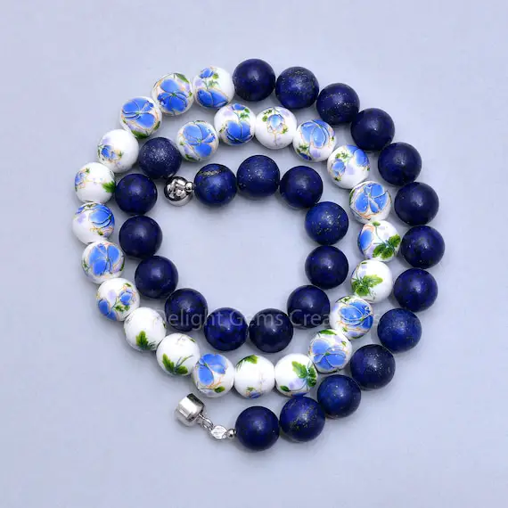 Lapis Lazuli With Ceramic Beaded Necklace, Porcelain White/lapis Blue Necklace, 10mm Smooth Round Beads, Gemstone Silver Necklace For Women