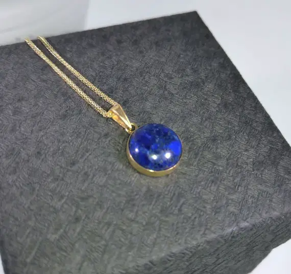 14k Yellow Gold Blue Lapis Classic Pendant, Lapis Necklace, Lapis Lazuli Jewelry, Blue Gemstone Pendant, Dainty Gold Necklaces For Women