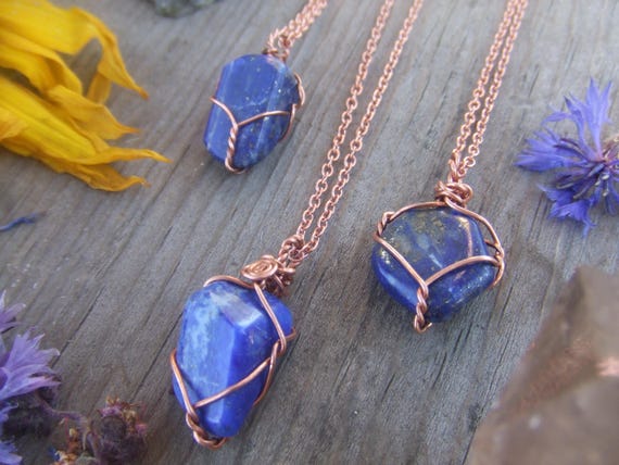 Natural Small Lapis Lazuli Crystal Wire Wrapped Pendant, Copper Or Silver Wrap, Necklace Adjustable Leather Chord Or Copper Chain Dark Blue