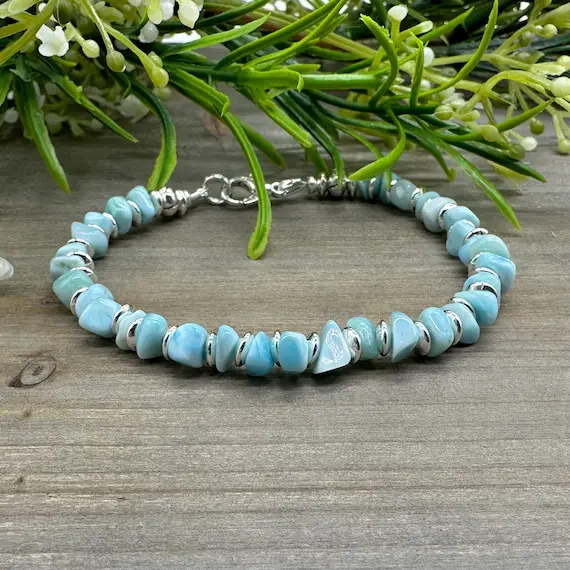Healing Love Bracelet | Genuine Larimar Nugget Chip Stone Bead Bracelet With Lobster Claw Clasp- Size 7.25