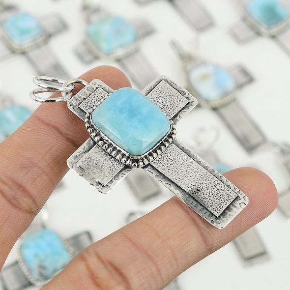 Larimar Gemstone Pendant 925 Sterling Silver Pendant Handmade Cross Pendant Larimar Silver Pendant Gift For Mom Larimar Jewelry For Her