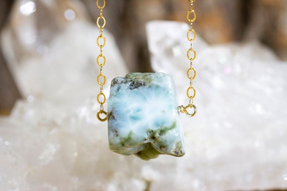 Raw Larimar Necklace - Larimar Jewelry - Raw Stone Necklace - Crystal Healing Energy Pendant - Dainty Layering Necklaces For Women