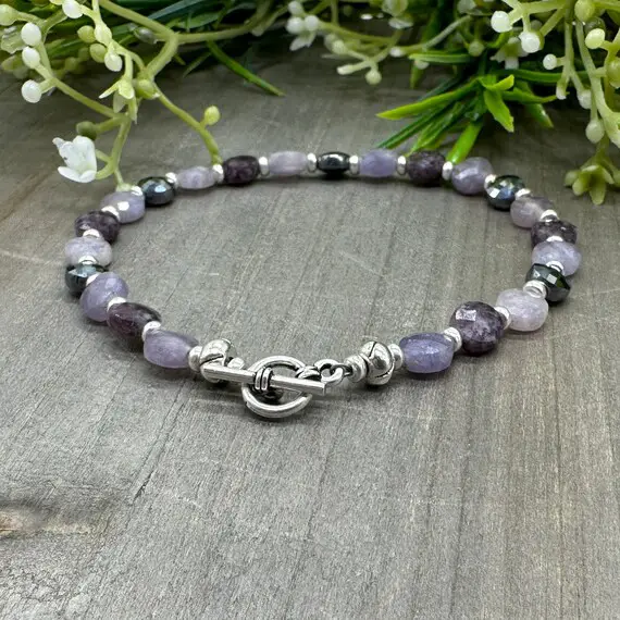 Energy And Change Bracelet | Genuine Lepidolite And Terahertz Faceted Coin Bead Bracelet With Toggle Clasp